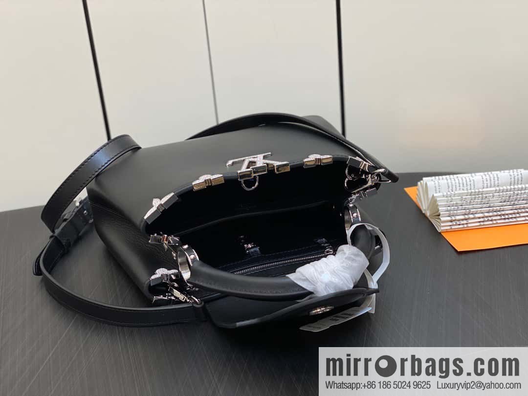 [Boutique‑grade] M51783 black full leather cap that English series, flower crown and white diamond Capucines small handbag