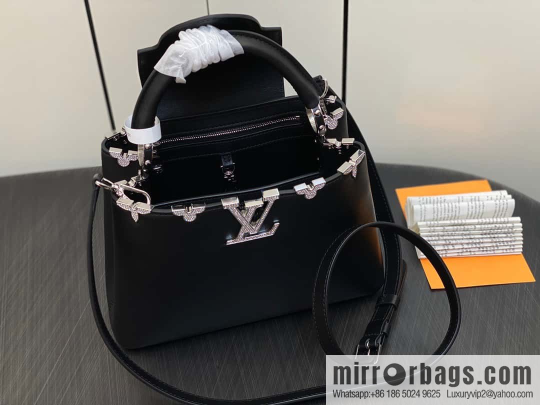 [Boutique‑grade] M51783 black full leather cap that English series, flower crown and white diamond Capucines small handbag