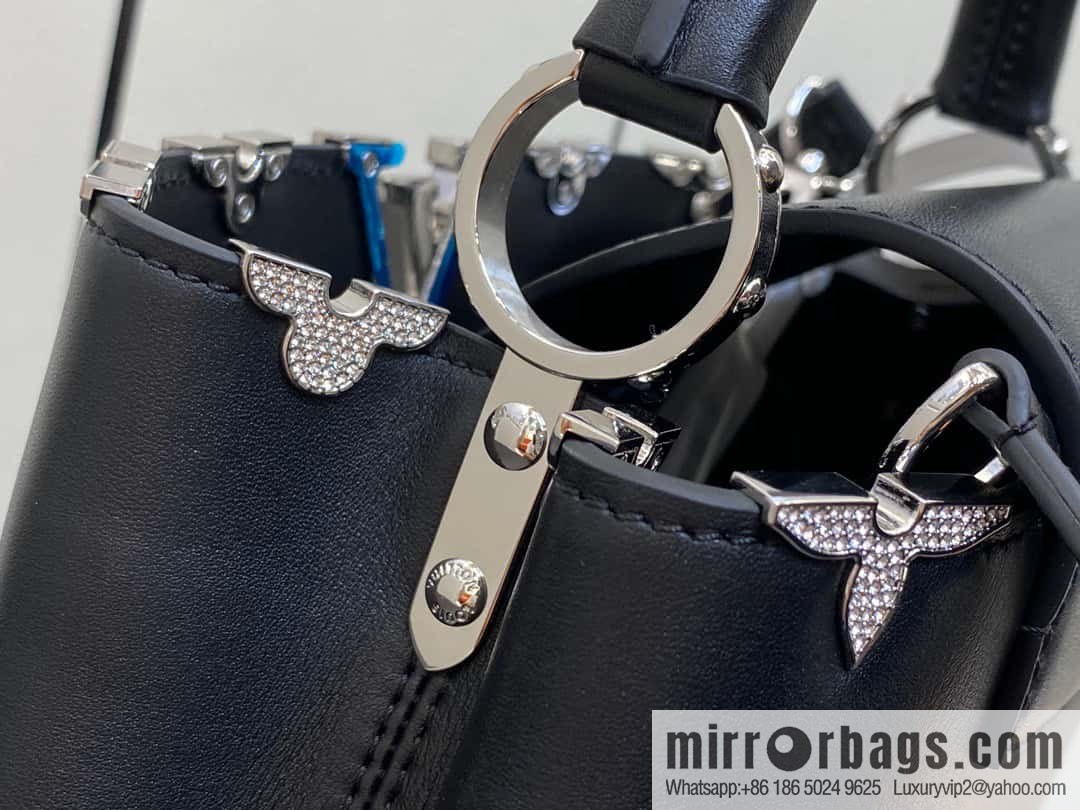 [Boutique‑grade] M51783 black full leather cap that English series, flower crown and white diamond Capucines small handbag