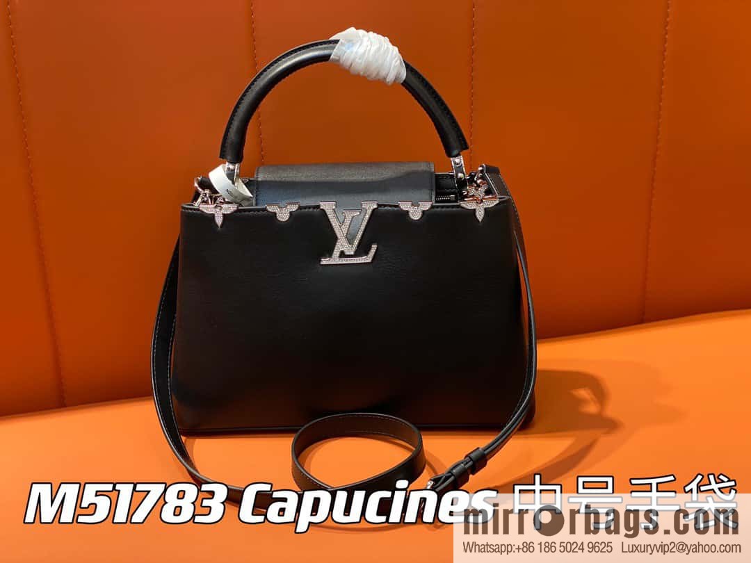 [Boutique‑grade] M51783 black full leather cap that English series, flower crown and white diamond Capucines medium handbag