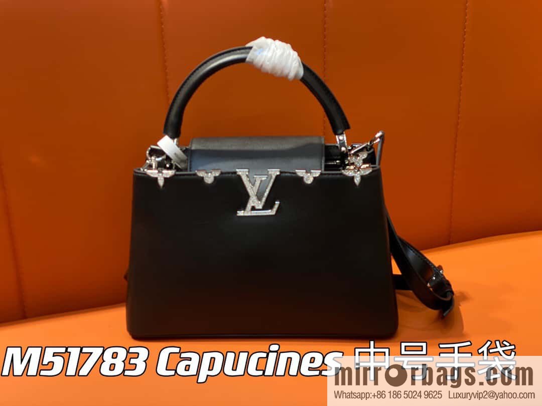 [Boutique‑grade] M51783 black full leather cap that English series, flower crown and white diamond Capucines medium handbag