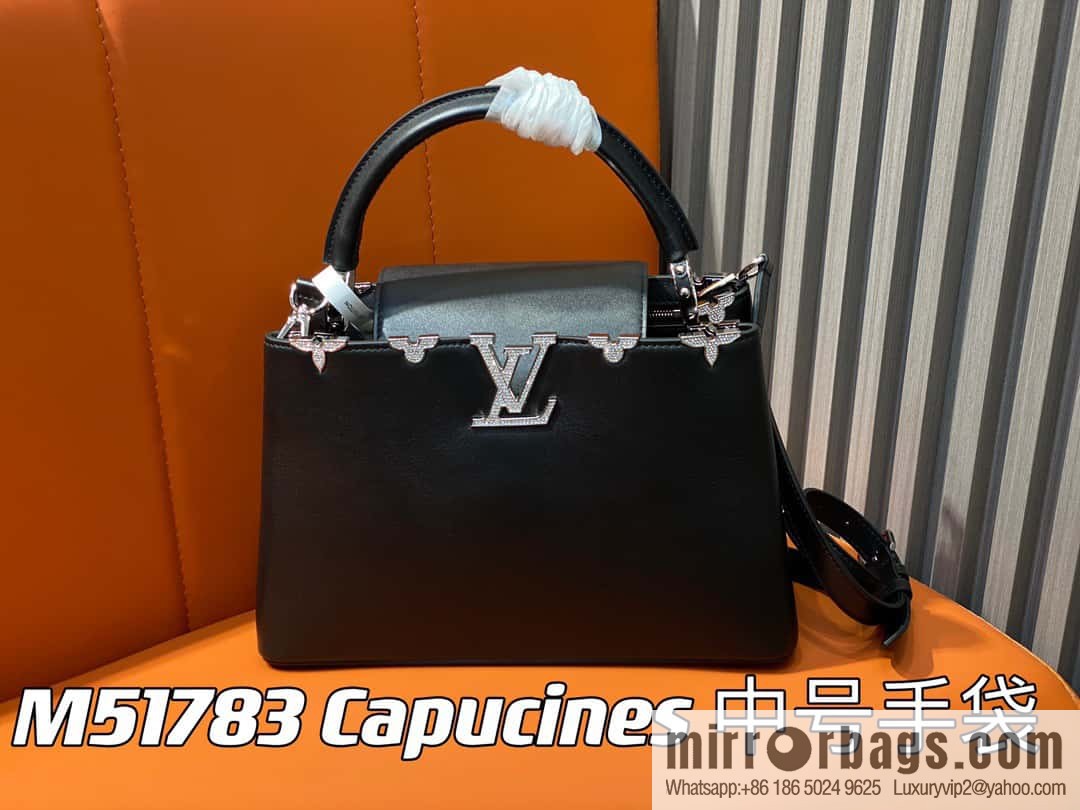 [Boutique‑grade] M51783 black full leather cap that English series, flower crown and white diamond Capucines medium handbag