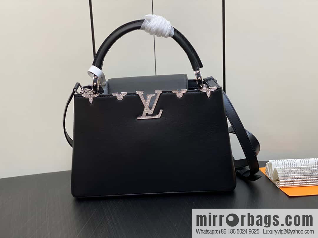 [Boutique‑grade] M51783 black full leather cap that English series, flower crown and white diamond Capucines medium handbag