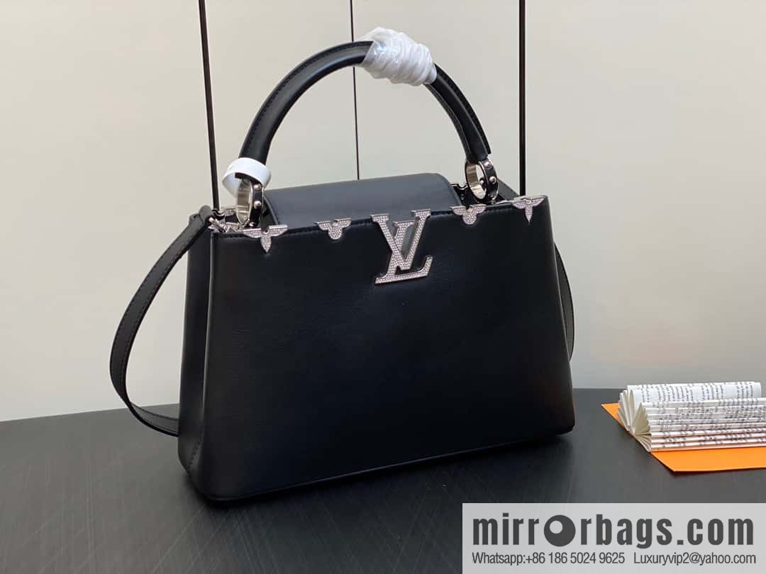 [Boutique‑grade] M51783 black full leather cap that English series, flower crown and white diamond Capucines medium handbag