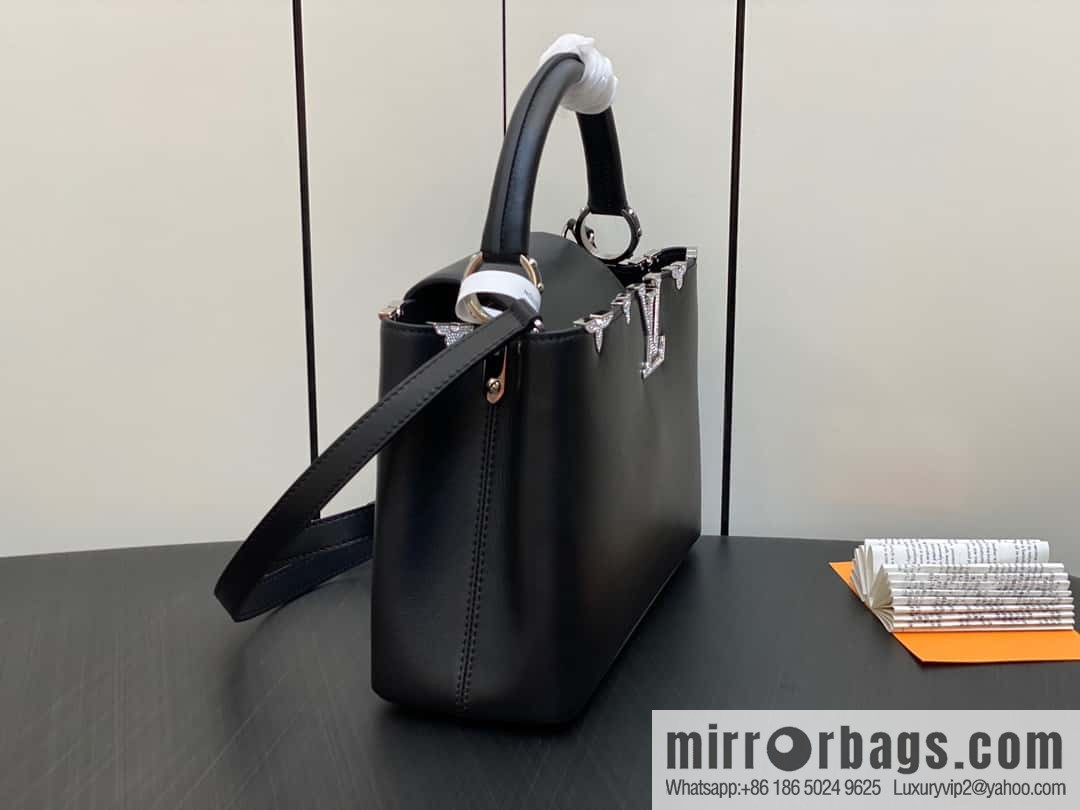 [Boutique‑grade] M51783 black full leather cap that English series, flower crown and white diamond Capucines medium handbag