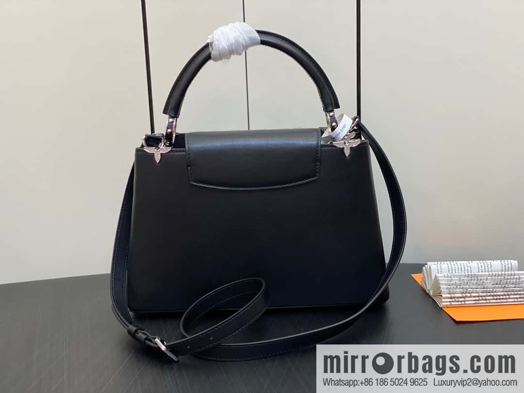 [Boutique‑grade] M51783 black full leather cap that English series, flower crown and white diamond Capucines medium handbag