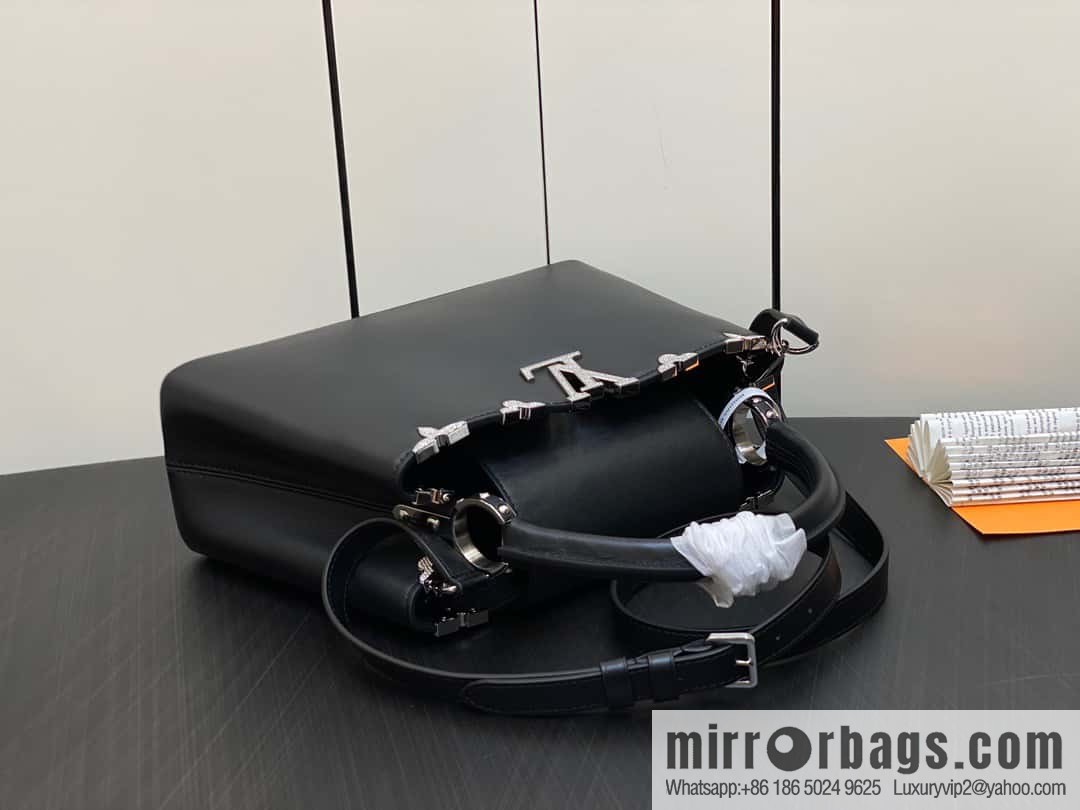 [Boutique‑grade] M51783 black full leather cap that English series, flower crown and white diamond Capucines medium handbag