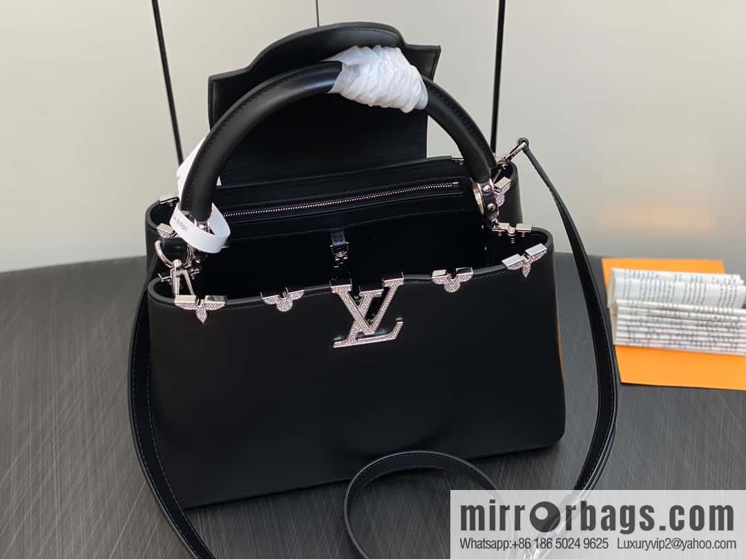 [Boutique‑grade] M51783 black full leather cap that English series, flower crown and white diamond Capucines medium handbag