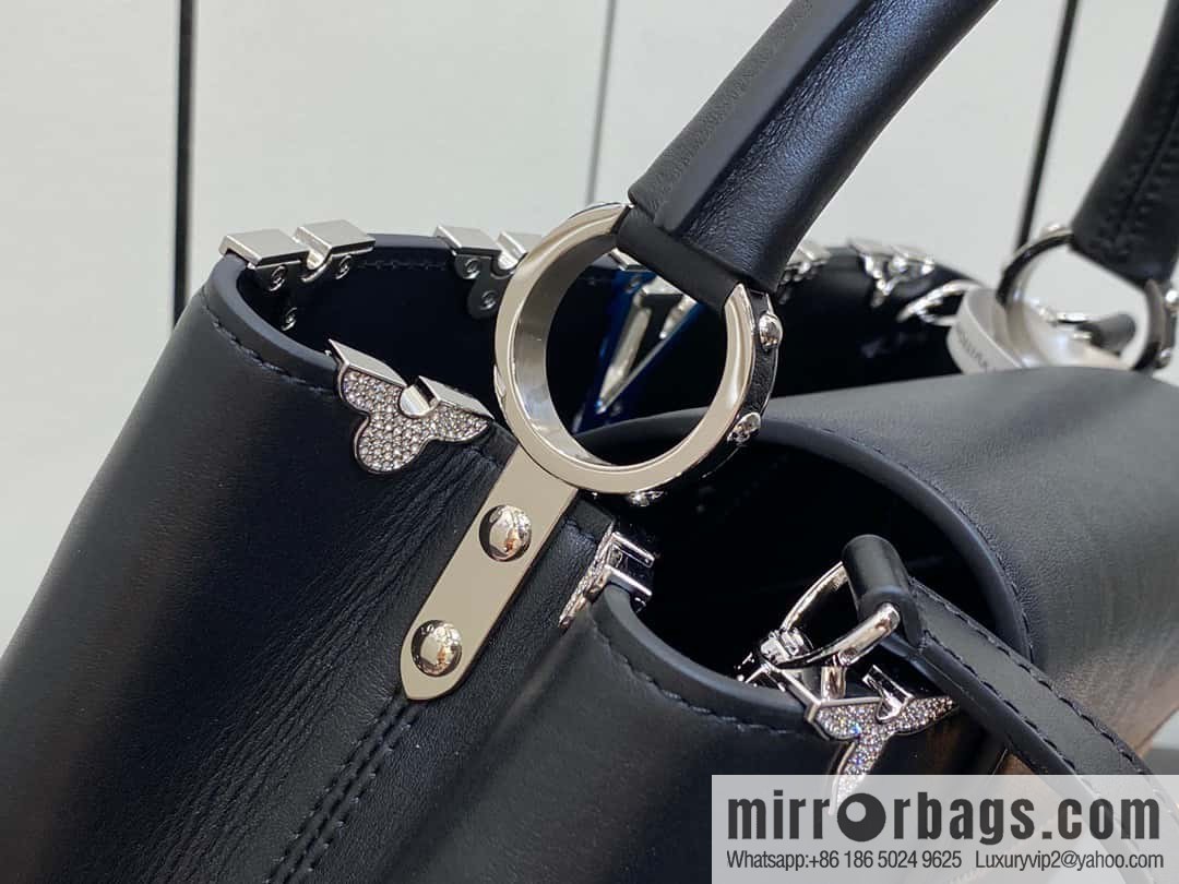 [Boutique‑grade] M51783 black full leather cap that English series, flower crown and white diamond Capucines medium handbag