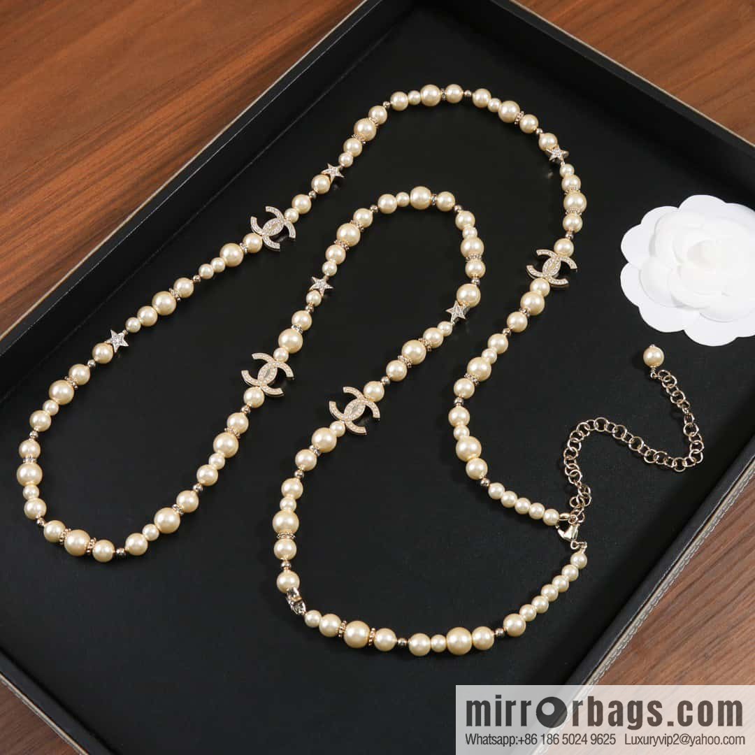 ☀️New ☑️ Chanel Double C Pearl Pentagram ⭐ Star Sweater Chain Necklace