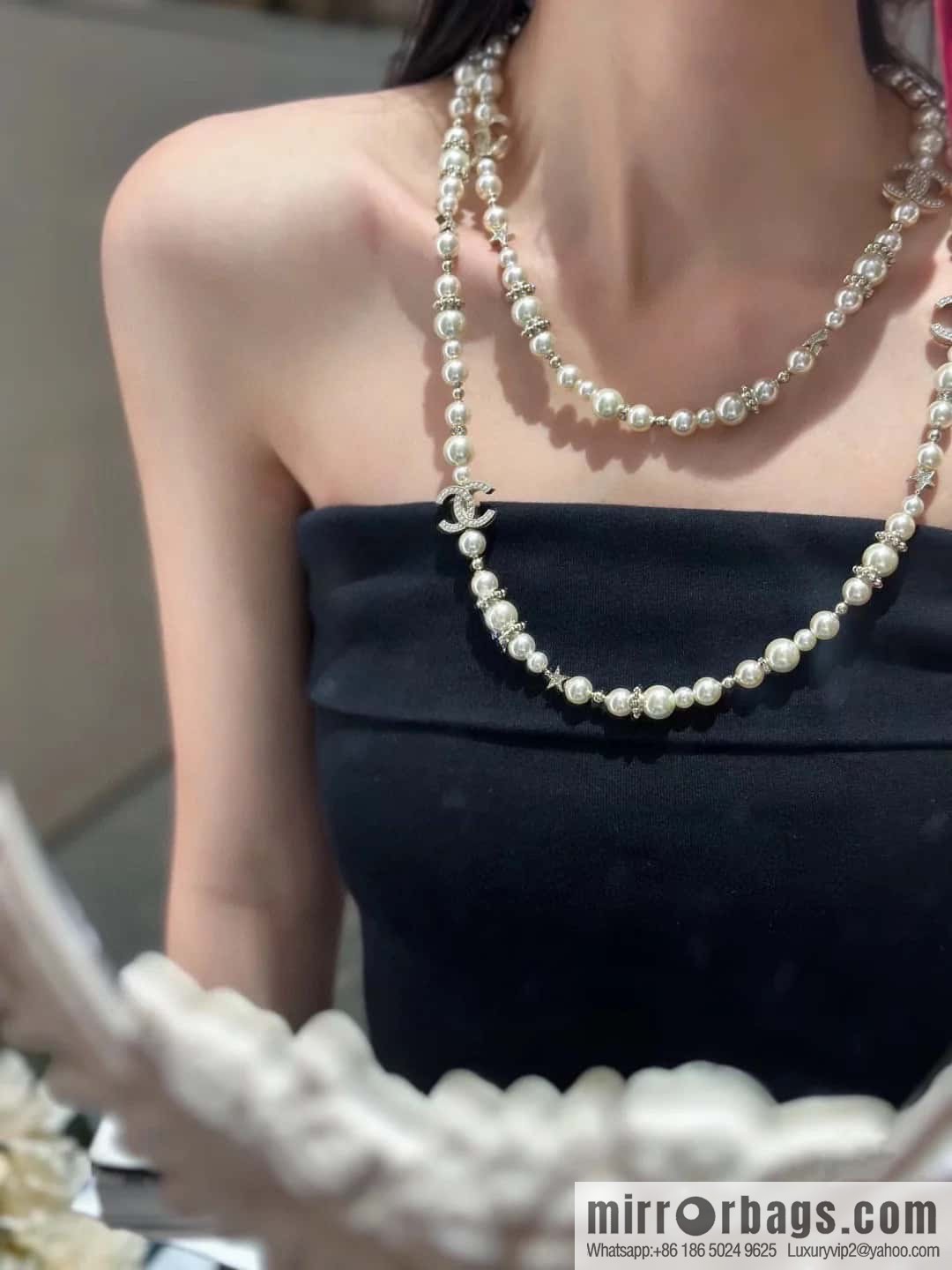 ☀️New ☑️ Chanel Double C Pearl Pentagram ⭐ Star Sweater Chain Necklace