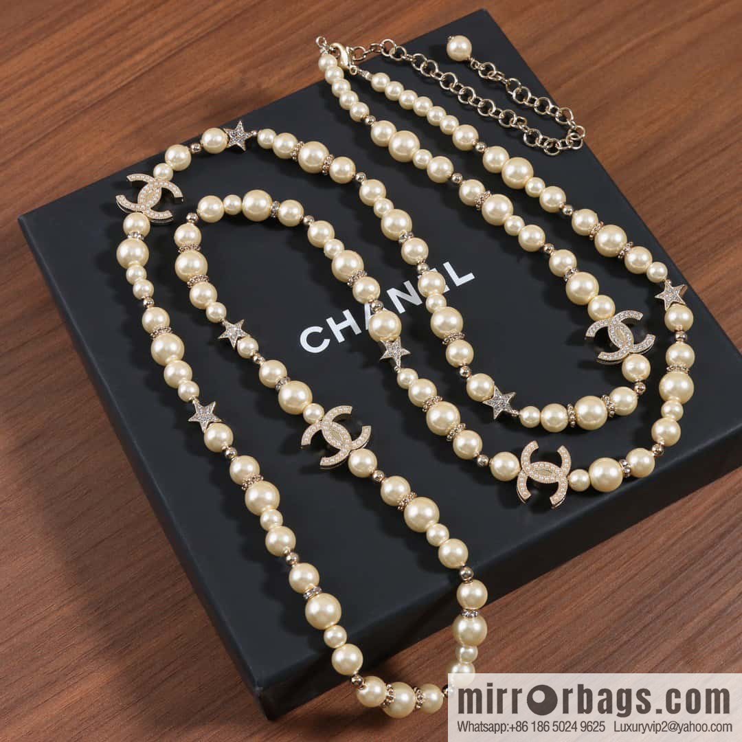 ☀️New ☑️ Chanel Double C Pearl Pentagram ⭐ Star Sweater Chain Necklace