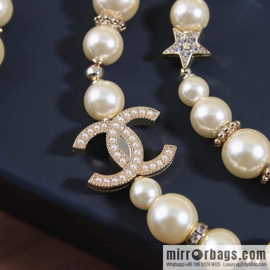 ☀️New ☑️ Chanel Double C Pearl Pentagram ⭐ Star Sweater Chain Necklace