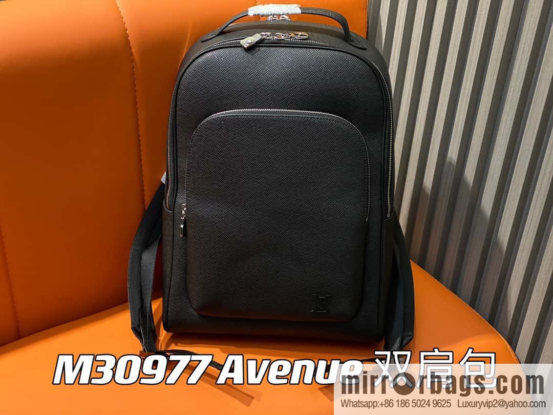 LV [Premium‑quality] M30977 black full leather, cross pattern backpack series Avenue backpack