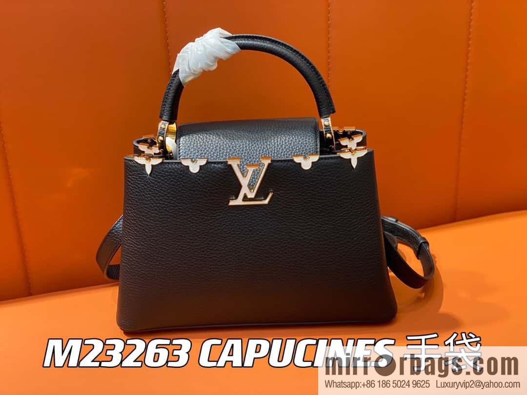 [Premium‑quality] M23263 black full leather cap that English series CAPUCINES medium handbag Capucines BB Flower Crown handbag