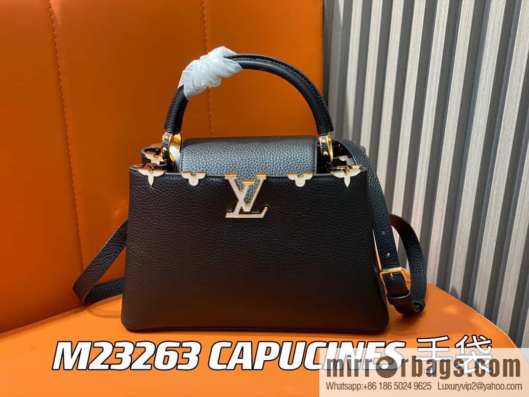 [Premium‑quality] M23263 black full leather cap that English series CAPUCINES medium handbag Capucines BB Flower Crown handbag