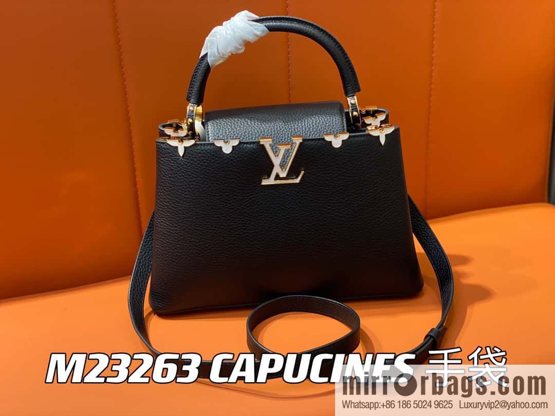 [Premium‑quality] M23263 black full leather cap that English series CAPUCINES medium handbag Capucines BB Flower Crown handbag
