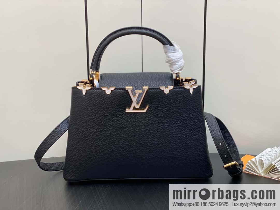 [Premium‑quality] M23263 black full leather cap that English series CAPUCINES medium handbag Capucines BB Flower Crown handbag