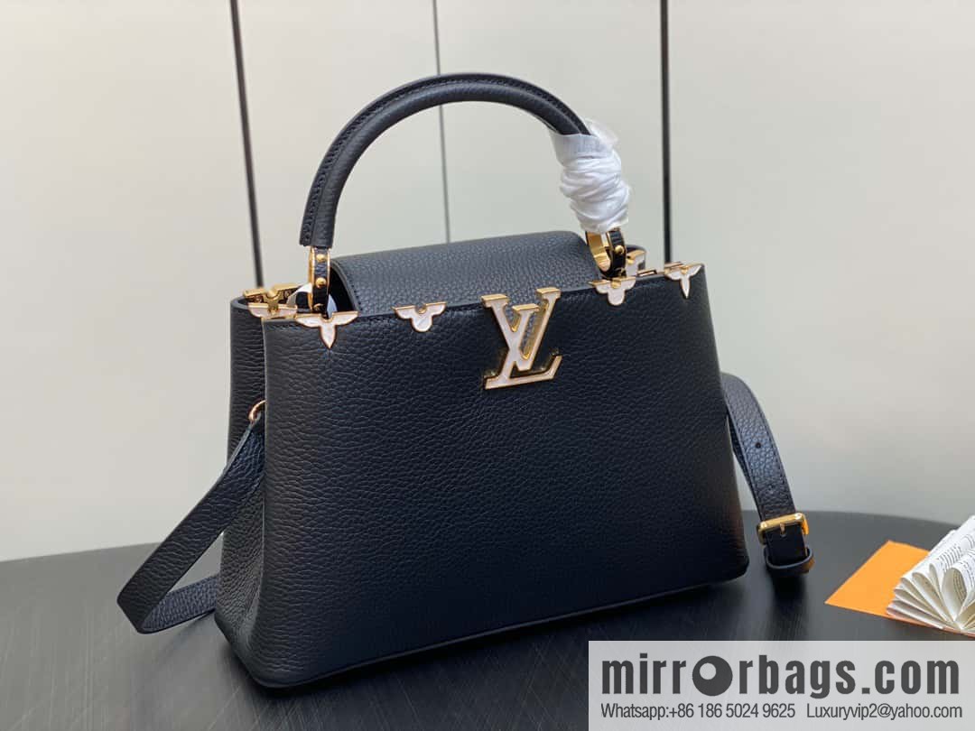 [Premium‑quality] M23263 black full leather cap that English series CAPUCINES medium handbag Capucines BB Flower Crown handbag