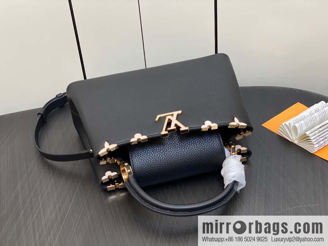 [Premium‑quality] M23263 black full leather cap that English series CAPUCINES medium handbag Capucines BB Flower Crown handbag