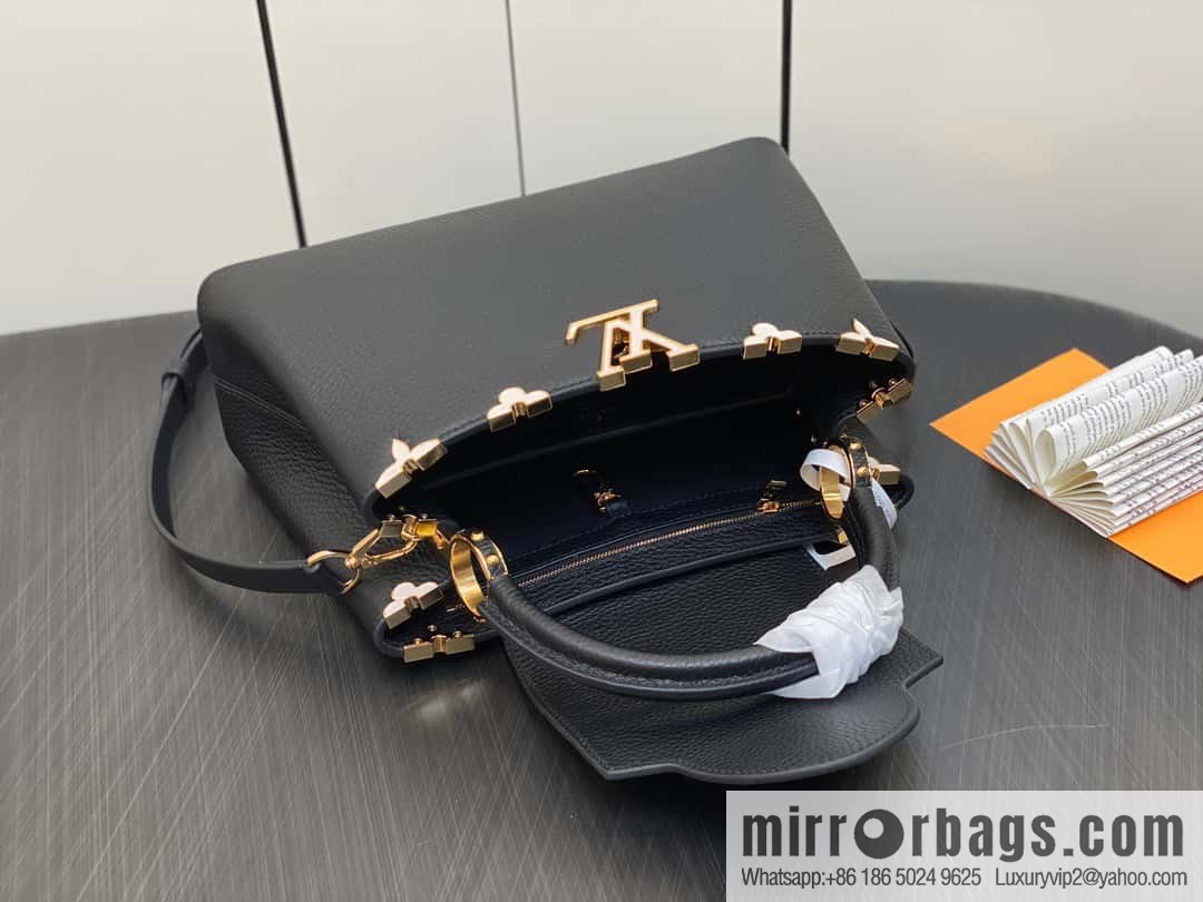 [Premium‑quality] M23263 black full leather cap that English series CAPUCINES medium handbag Capucines BB Flower Crown handbag