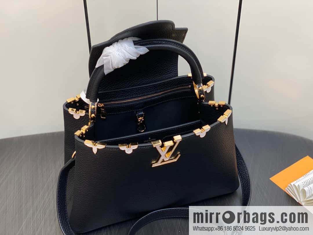 [Premium‑quality] M23263 black full leather cap that English series CAPUCINES medium handbag Capucines BB Flower Crown handbag