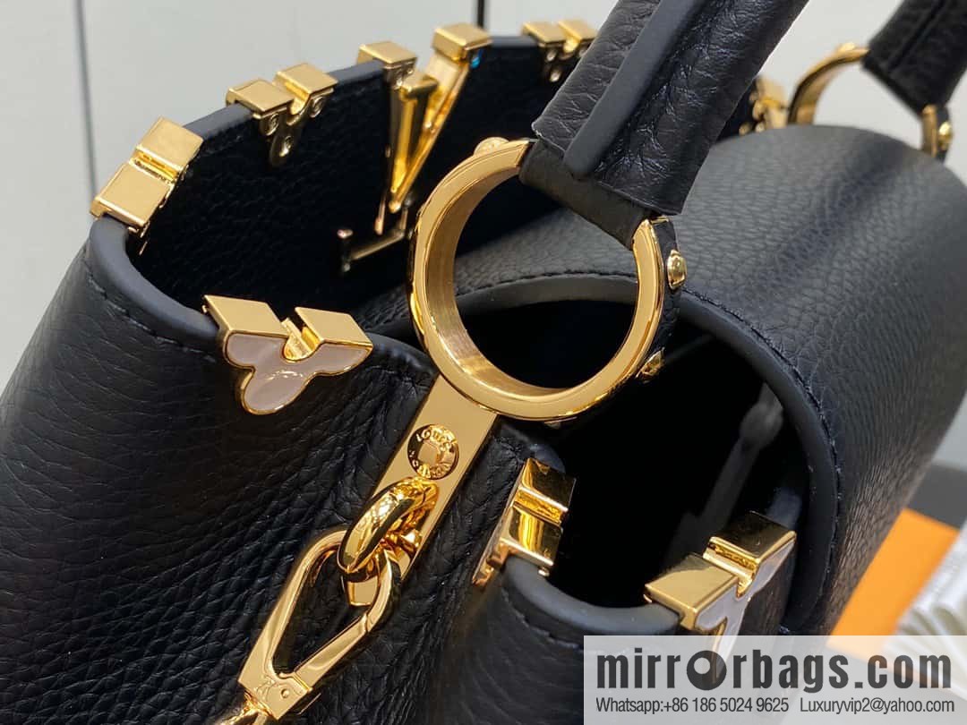 [Premium‑quality] M23263 black full leather cap that English series CAPUCINES medium handbag Capucines BB Flower Crown handbag
