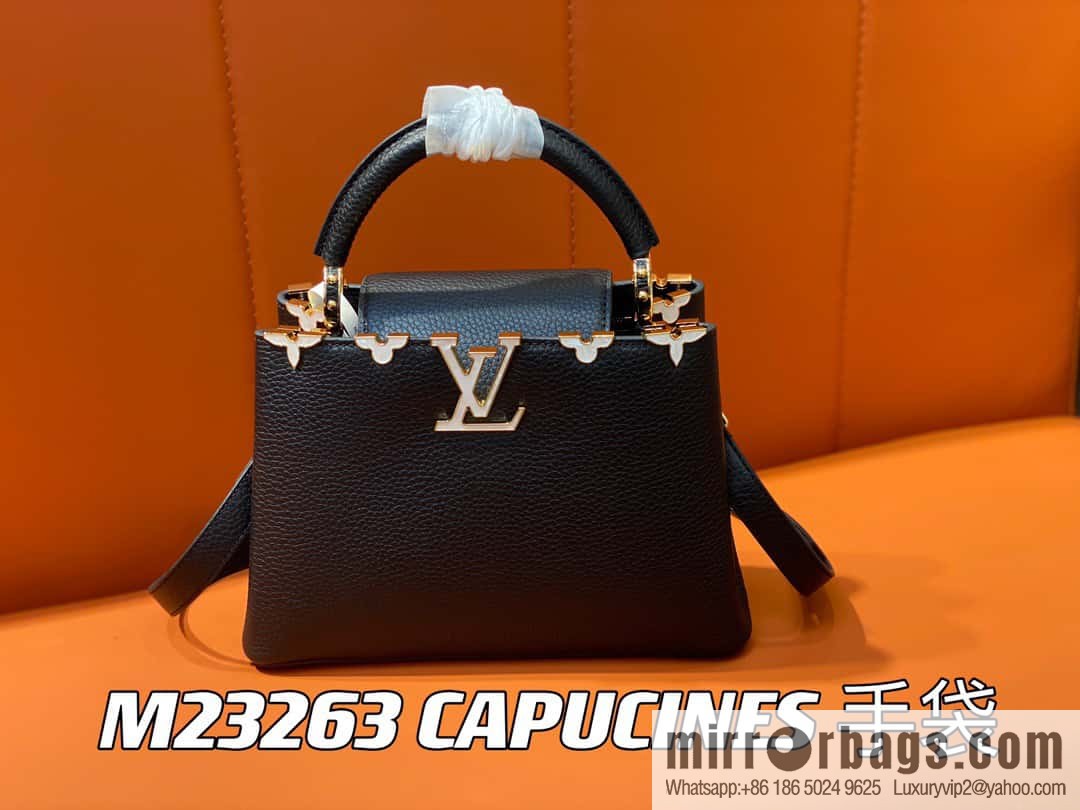 [Boutique‑grade] M23263 black full leather cap Naying series CAPUCINES BB handbag, this Capucines BB Flower Crown handbag