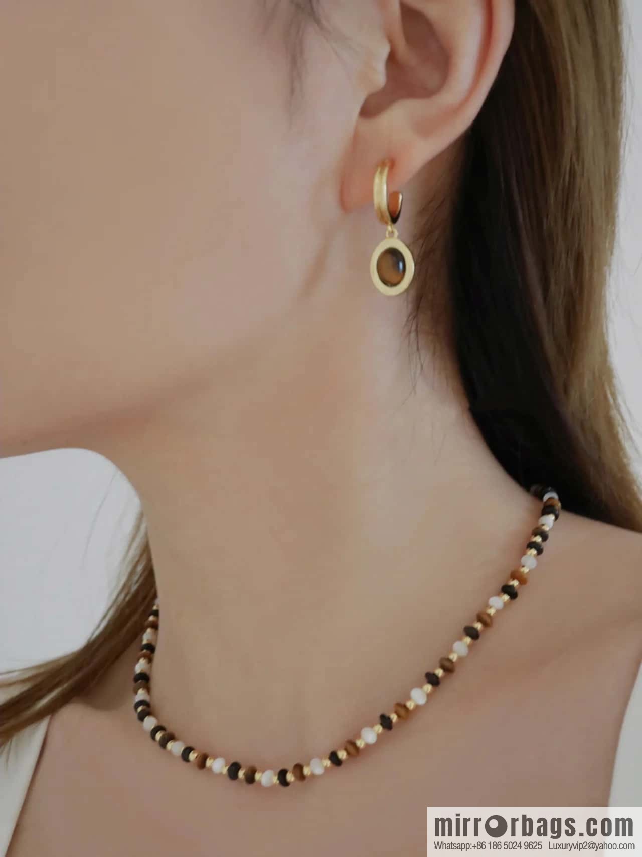☀️New ☑️ Celine natural tiger's eye stone white fritillary beaded necklace bracelet
