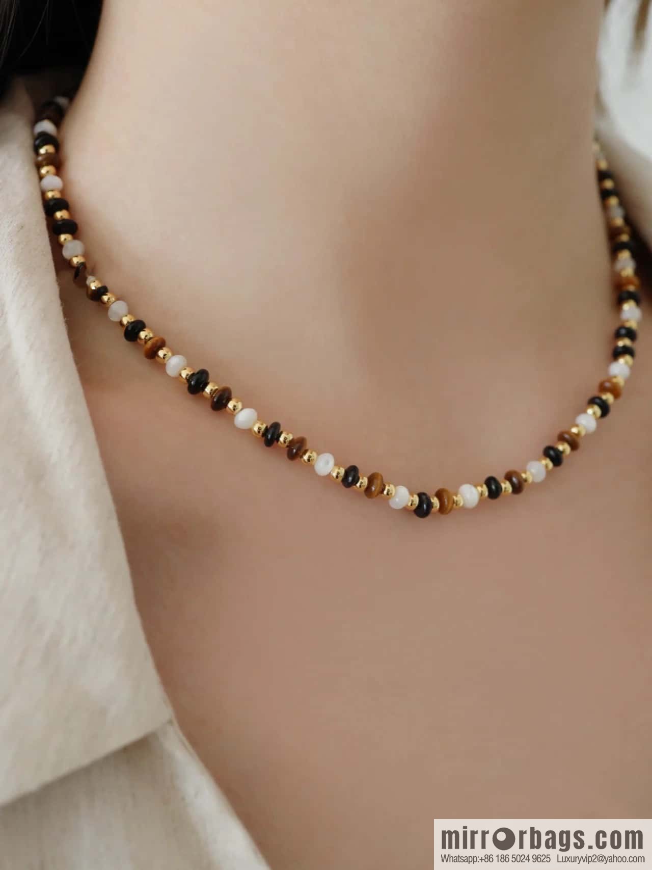 ☀️New ☑️ Celine natural tiger's eye stone white fritillary beaded necklace bracelet