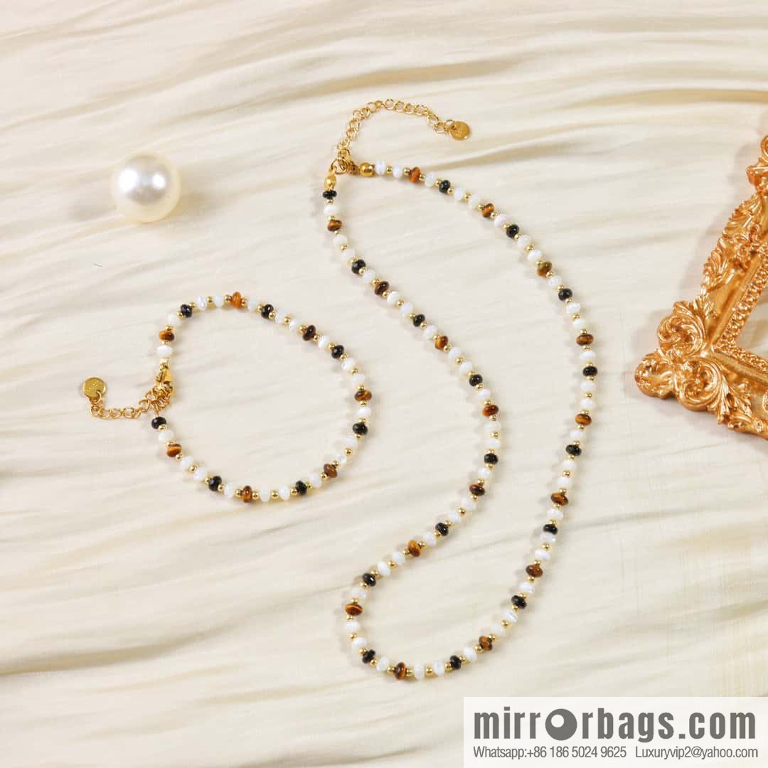 ☀️New ☑️ Celine natural tiger's eye stone white fritillary beaded necklace bracelet