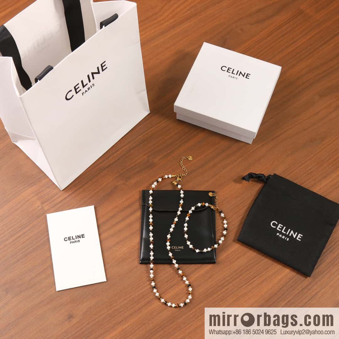 ☀️New ☑️ Celine natural tiger's eye stone white fritillary beaded necklace bracelet