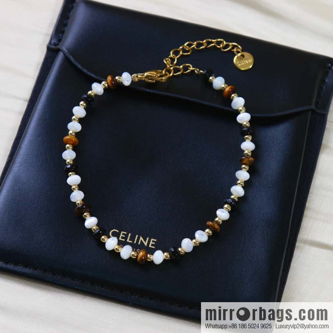☀️New ☑️ Celine natural tiger's eye stone white fritillary beaded necklace bracelet