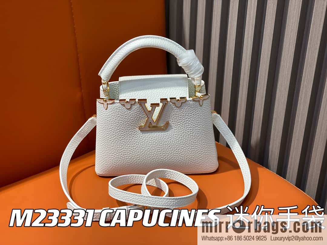 [Boutique‑grade] M23331 white, full leather cap that English series CAPUCINES mini handbag Capucines mini Flower Crown handbag