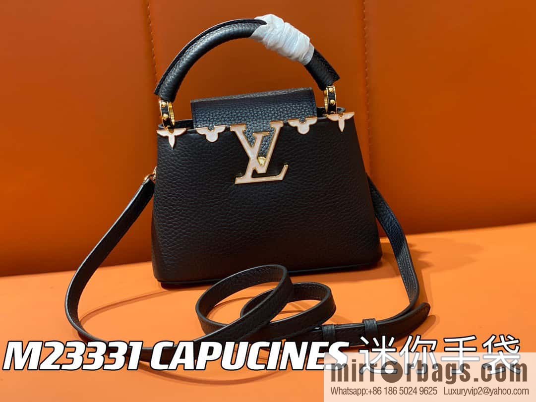 [Boutique‑grade] M23263 black full leather cap that English series CAPUCINES mini handbag Capucines mini Flower Crown handbag