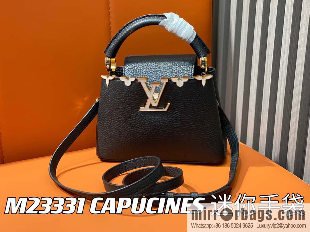 [Boutique‑grade] M23263 black full leather cap that English series CAPUCINES mini handbag Capucines mini Flower Crown handbag