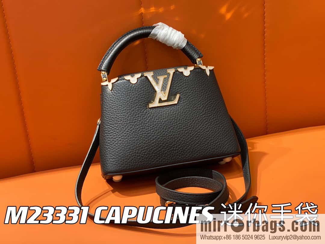 [Boutique‑grade] M23263 black full leather cap that English series CAPUCINES mini handbag Capucines mini Flower Crown handbag