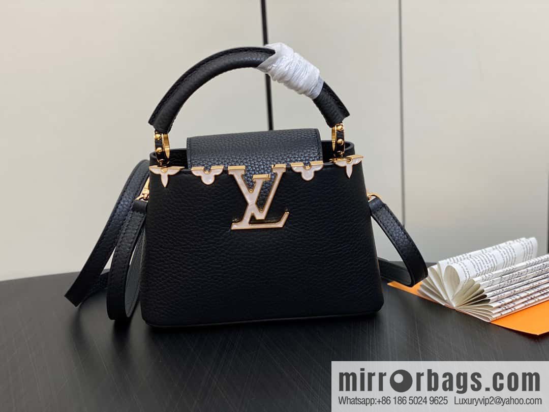 [Boutique‑grade] M23263 black full leather cap that English series CAPUCINES mini handbag Capucines mini Flower Crown handbag