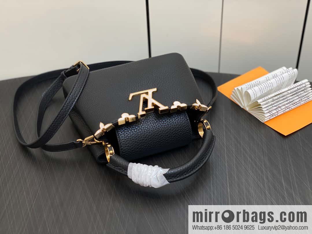 [Boutique‑grade] M23263 black full leather cap that English series CAPUCINES mini handbag Capucines mini Flower Crown handbag