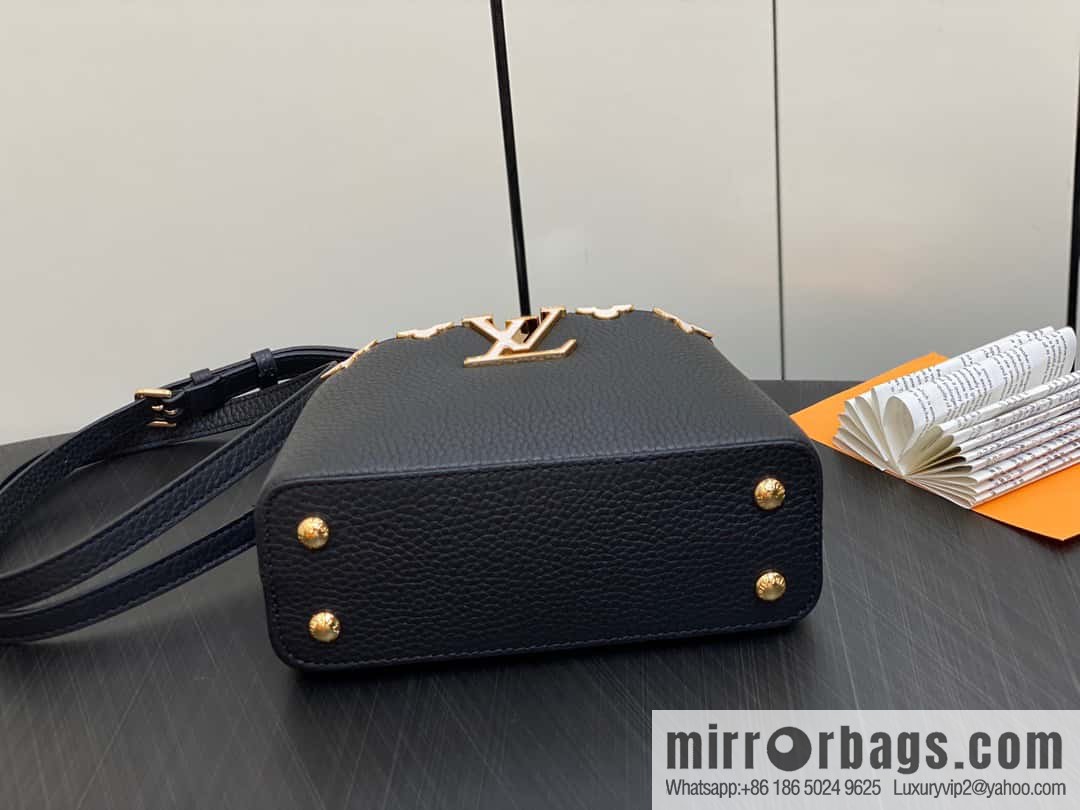 [Boutique‑grade] M23263 black full leather cap that English series CAPUCINES mini handbag Capucines mini Flower Crown handbag