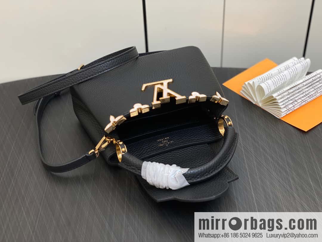 [Boutique‑grade] M23263 black full leather cap that English series CAPUCINES mini handbag Capucines mini Flower Crown handbag