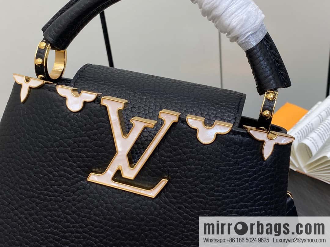 [Boutique‑grade] M23263 black full leather cap that English series CAPUCINES mini handbag Capucines mini Flower Crown handbag