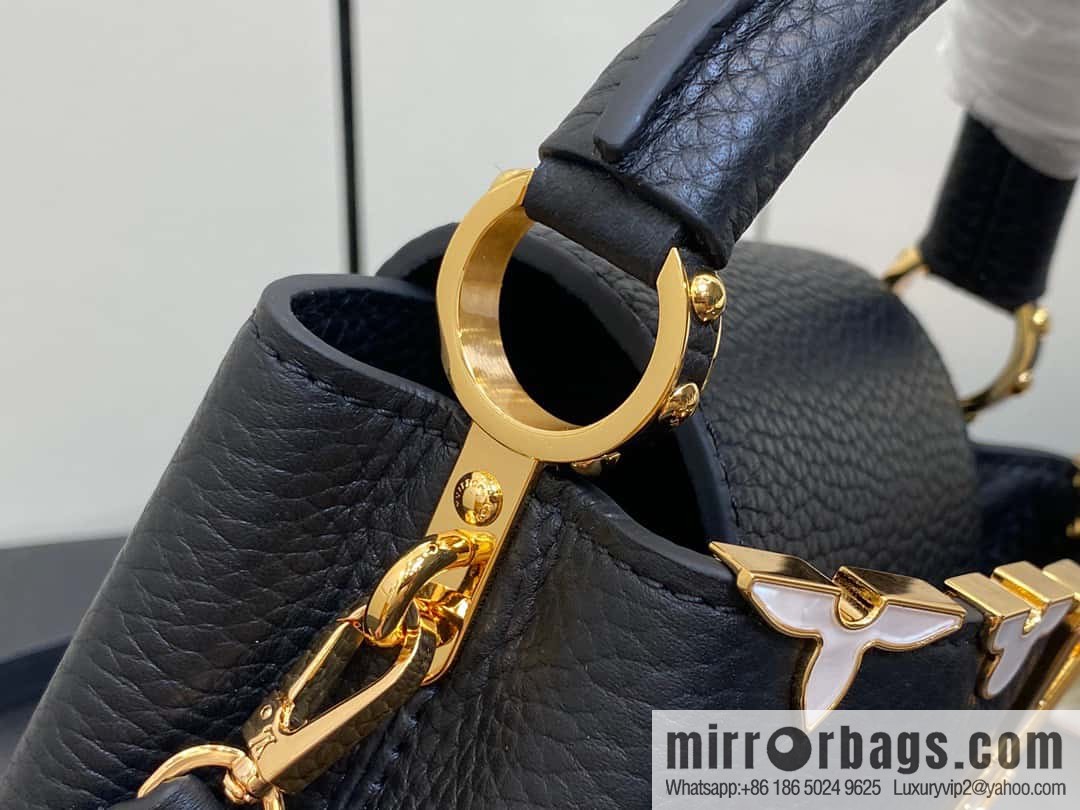 [Boutique‑grade] M23263 black full leather cap that English series CAPUCINES mini handbag Capucines mini Flower Crown handbag