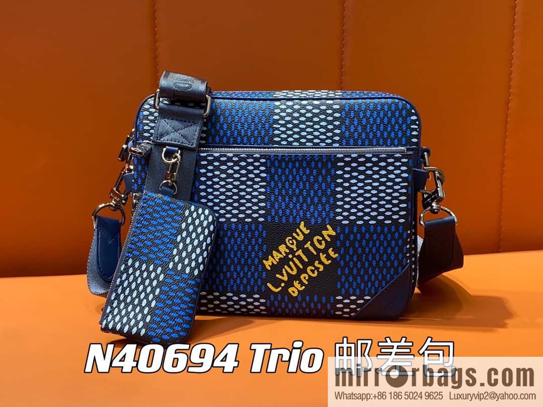 [Boutique‑grade] N40694 blue grid, men's bag messenger bag three-piece series Trio messenger bag