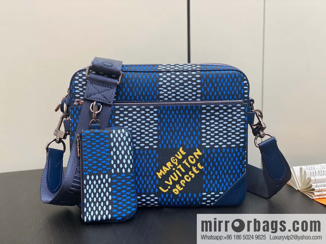 [Boutique‑grade] N40694 blue grid, men's bag messenger bag three-piece series Trio messenger bag