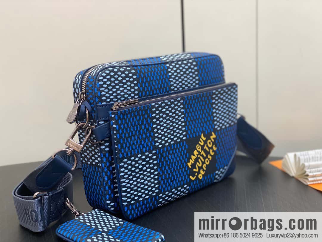 [Boutique‑grade] N40694 blue grid, men's bag messenger bag three-piece series Trio messenger bag