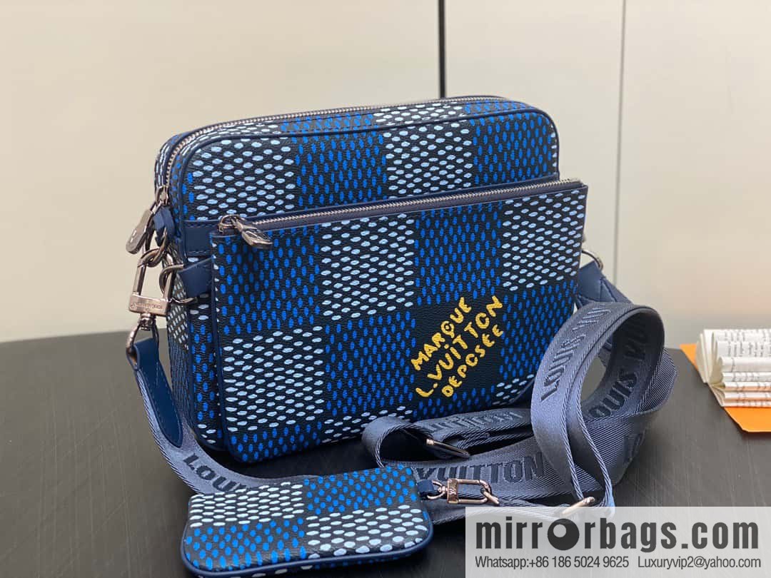 [Boutique‑grade] N40694 blue grid, men's bag messenger bag three-piece series Trio messenger bag