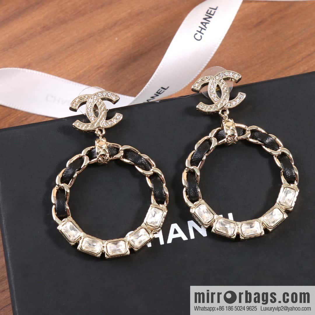 ☀️New ☑️ Chanel double c black leather rope round earrings stud earrings