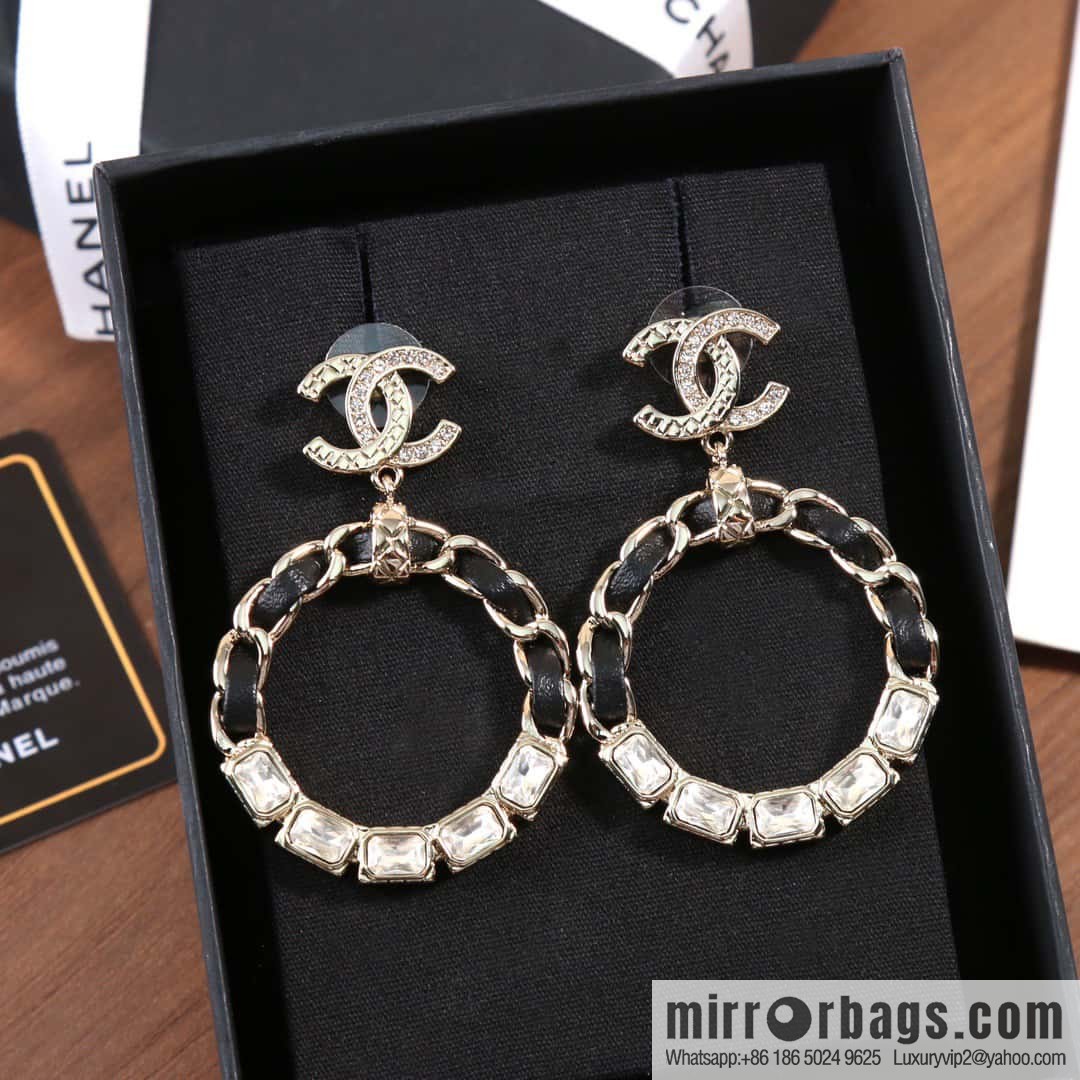 ☀️New ☑️ Chanel double c black leather rope round earrings stud earrings