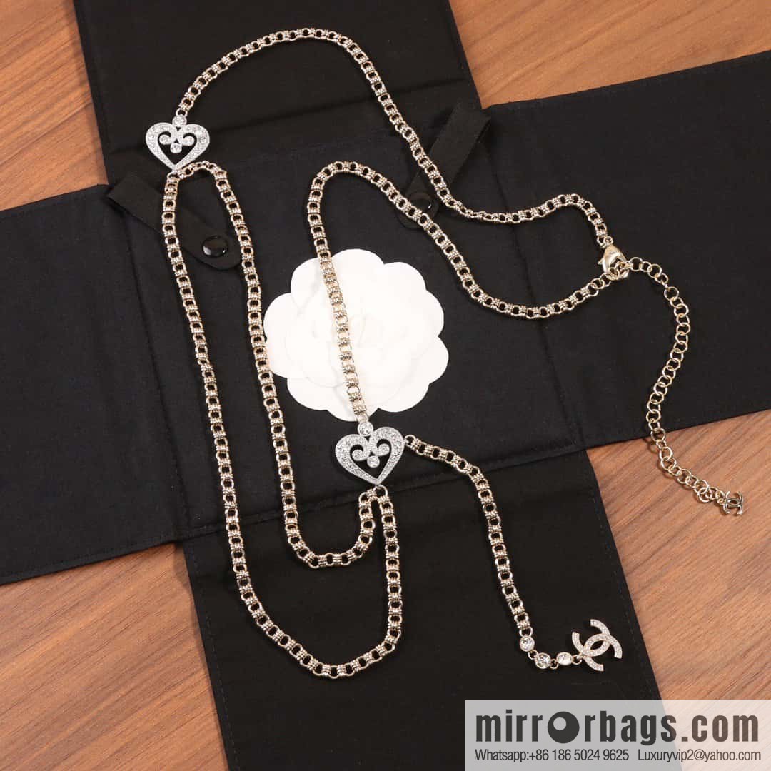 ☀️New ☑️ Chanel double c black leather rope peach heart love necklace waist chain belt